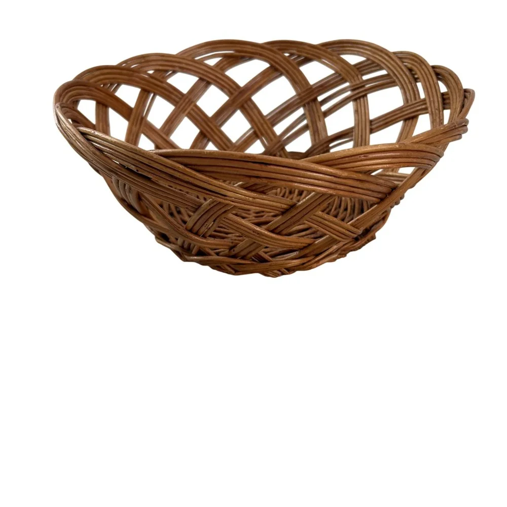 VTG Woven Wicker Lattice Basket Round Brown Open Weave Decorative Bowl 9 Inch